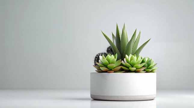 Variety of succulents and cacti in modern white planter on clean surface
