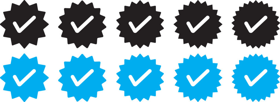 Blue Verified badge icon set. Blue tick check with social media account icon. blue verified icon, social media account verify icons. Blue Verified badge icon set. Blue tick check with social media 