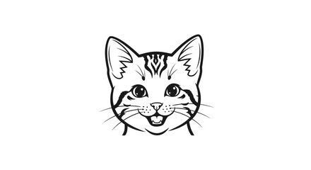 Cute Smiling Cat Head Line Art Drawing Isolated on White Background