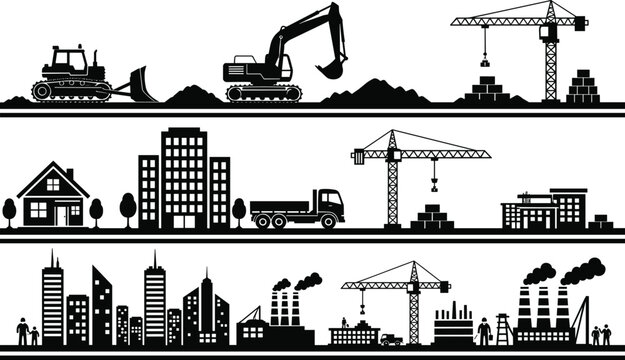 Construction site silhouette set featuring heavy machinery cranes excavators buildings factories and urban development icons for industrial projects and engineering designs