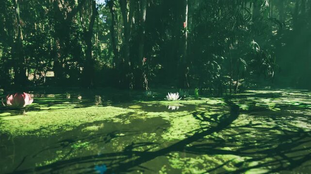 A tranquil pond surrounded by dense tropical vegetation features vibrant water lilies floating on the surface. Sunlight filters through the trees, creating a serene atmosphere.