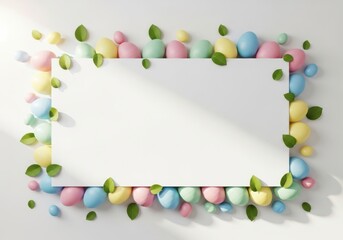 Obraz premium Pastel colored easter eggs and leaves frame border on white background