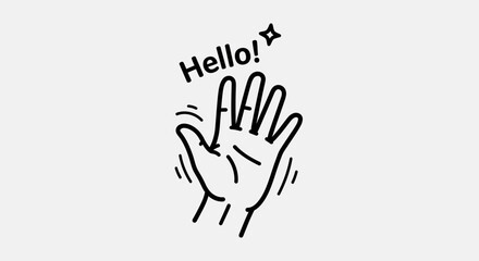 Obraz premium Hand waving hello with sparkling star and text, simple line drawing, greeting gesture