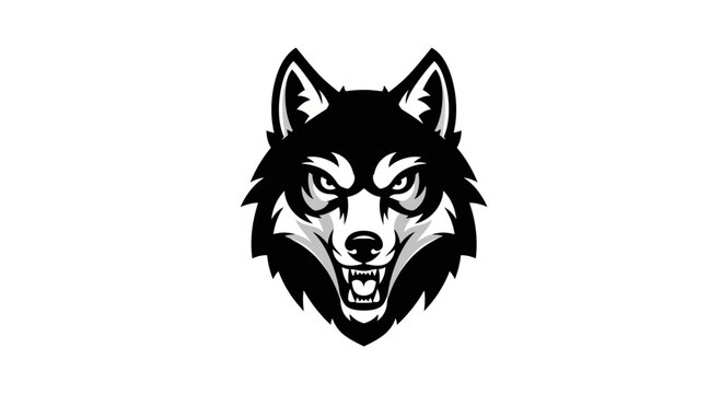 Fierce Wolf Head Mascot Logo Vector Illustration - Black and White Animal Emblem