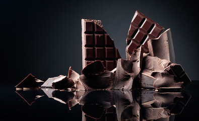 A broken chocolate bar and pieces of dark chocolate on a black reflective background.
