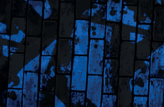 Blue brick wall background with grunge texture, dark urban stone surface with paint splatters, industrial abstract pattern