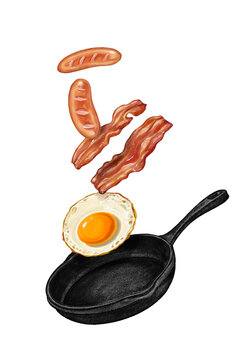 Fried eggs with sausages bacon and sausage, breakfast, and black pan protein, good morning, hand-drawn illustration on a transparent background