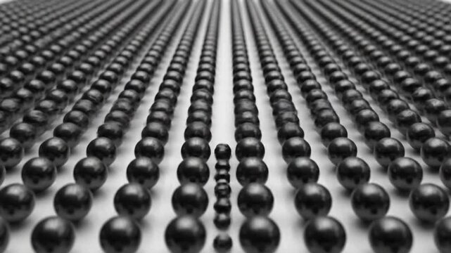 Abstract rows of black spheres moving in unison, one column breaks formation