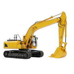 A yellow excavator with a large arm and bucket on a white background isolated on transparent background