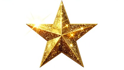 Fototapeta premium Shimmering gold, five-pointed star with sparkle, isolated on white