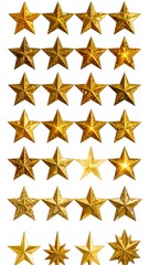 Fototapeta premium Array of golden stars, varying shapes, gradients, and lighting, on white