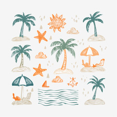Fototapeta premium Serene beach scene with palm trees, umbrellas, and beach chairs in a tranquil seaside setting from a direct overhead viewpoint