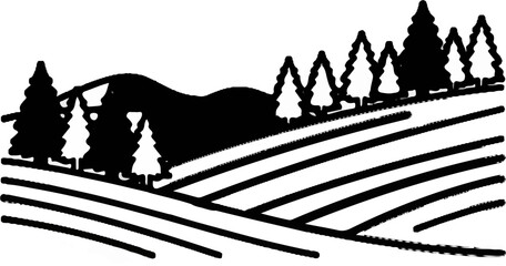 Obraz premium Stylized black and white illustration of rolling hills with trees and fields