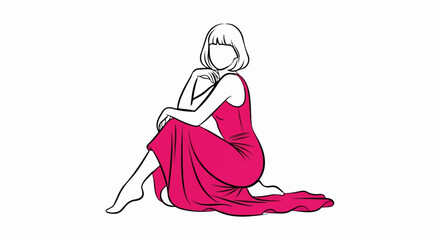 Line art of a woman in a flowing pink dress, seated gracefully with her legs crossed