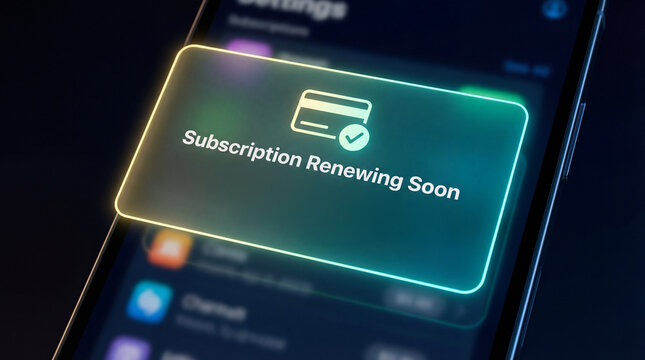 Close up of a smartphone displaying an automated subscription renewal reminder with a payment icon and dark background