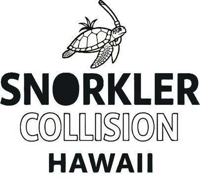 Black and white logo of a sea turtle with snorkel above text SNORKLER COLLISION HAWAII