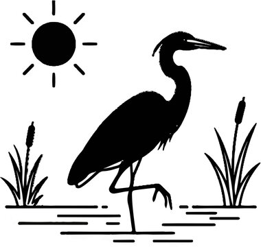 Black silhouette of a heron standing in water with reeds and sun