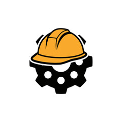 Fototapeta premium Industrial construction safety hard hat and gear icon logo for engineering and building sector