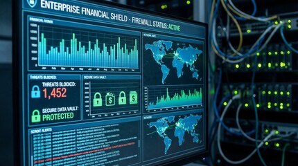Obraz premium Close-up view of a cybersecurity dashboard displaying enterprise firewall metrics and global data protection status