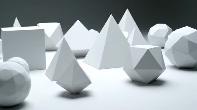 Abstract geometric shapes, 3D rendering of white polyhedra, cubes, spheres, pyramids, background.