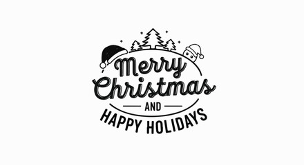 Fototapeta premium Festive holiday greeting with Santa hats, trees, and text