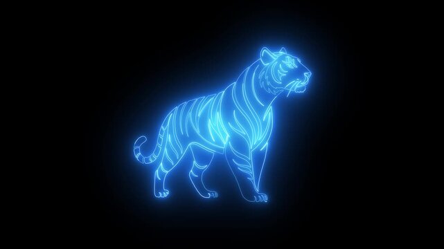 Neon Blue Tiger Outline Standing Against Black Background glowing