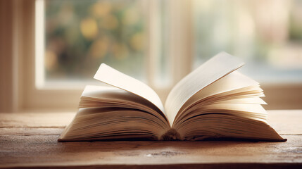 Obraz premium Open Book on Wooden Windowsill with Natural Light