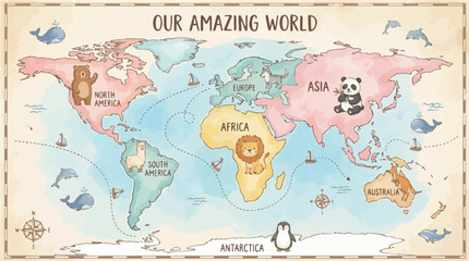 A Whimsical Illustrated World Map Featuring Continent Animals and Nautical Icons for Educational and Decorative Purposes