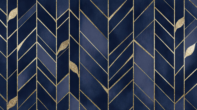Close-up of blue geometric pattern with gold leaf accents
