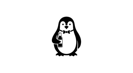 Obraz premium Stylish Cartoon Penguin with Bow Tie Holding a Bottle - Monochrome Vector Illustration