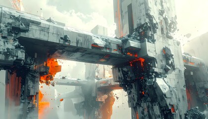 Obraz premium Abstract fantasy art featuring massive stone structures and futuristic architecture in decay, symbolizing power, transformation, and impermanence.