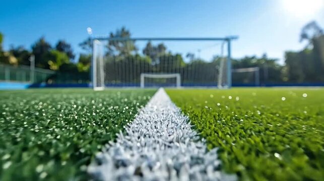 White line on artificial green turf field, blurred goals & bright blue sky in background