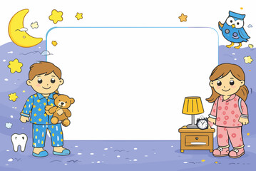 Fototapeta premium Bedtime night frame with kids in pajamas, teddy bear, moon, stars, owl and bedside lamp with alarm clock. Flat cozy sleep routine vector border on white, rounded frame. Blank center.