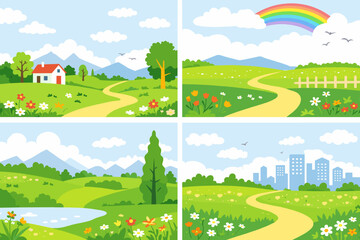 Obraz premium Flat spring landscape backgrounds set with green hills, mountains, flowers and winding path; includes rainbow, lake and distant city skyline. Concept of travel, nature and calm.