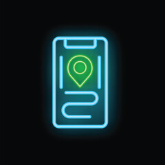 Neon glowing icon of a location tracking app interface on a smartphone screen