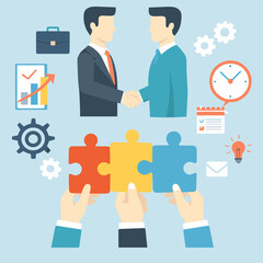 Flat partnership and teamwork illustration with two businessmen shaking hands while hands hold three puzzle pieces. Business icons show strategy, planning, time, email and idea on blue.