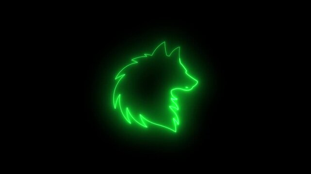 Green neon wolf head outline on black background Keywords: wolf, head, outline, neon, green, glowing, silhouette, animal, predator, wild, canine, digital art, illustration, graphic, symbol, emblem