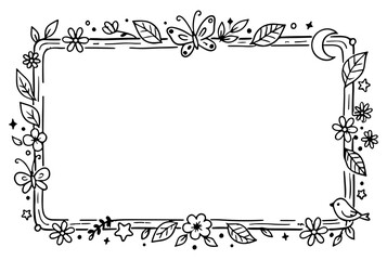 A whimsical black and white hand-drawn rectangular frame featuring flowers, leaves, butterflies, stars, and a bird in a doodle art style for creative projects.