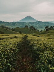 Lush Tea Plantation Landscape with Mountain View.  