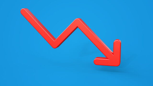 Red arrow pointing down. Concept of price is decreasing due. Red arrow on a blue background with space for text.
