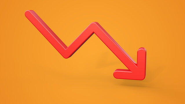 Red arrow pointing down. Concept of price is decreasing due. Red arrow on a yellow background with space for text.
