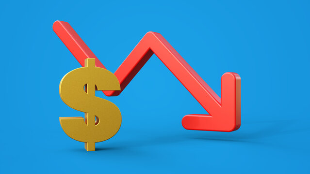 Dollar icon and red arrow pointing down. Concept of dollar price is decreasing due. Dollar symbol and red arrow on a blue background with space for text.