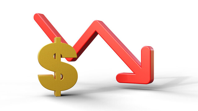 Dollar icon and red arrow pointing down. Concept of dollar price is decreasing due. Dollar symbol and red arrow on a isolated background with space for text.