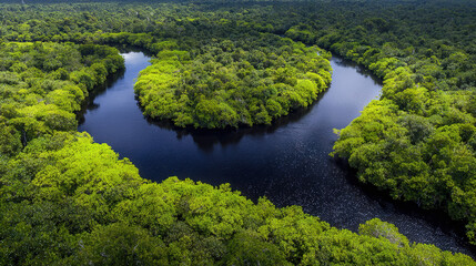 Fototapeta premium Aerial View of a Serene Lake Surrounded by Lush Green Mangroves