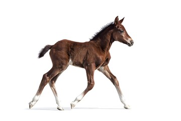Fototapeta premium Young colt mid-gallop on white, showcasing muscular build and smooth coat.