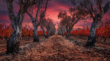 Autumn Forest Path Under Dusk Sky