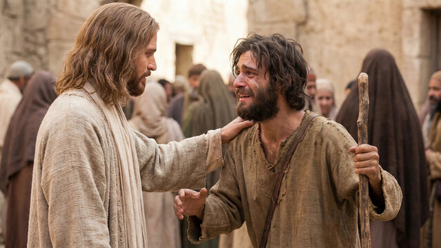 Jesus healing a paralyzed man in a biblical scene