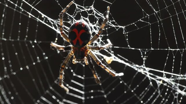 Close-up of a spider with an X-shaped marking on its back, sitting in its web.