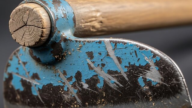 Close up of a weathered gardening hoe, with peeling blue paint effect