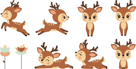 Cute Baby Deer Cartoon Character Pose Collection with Forest Flowers Kawaii Fawn Vector Set for Kids Nursery Stickers and Prints.